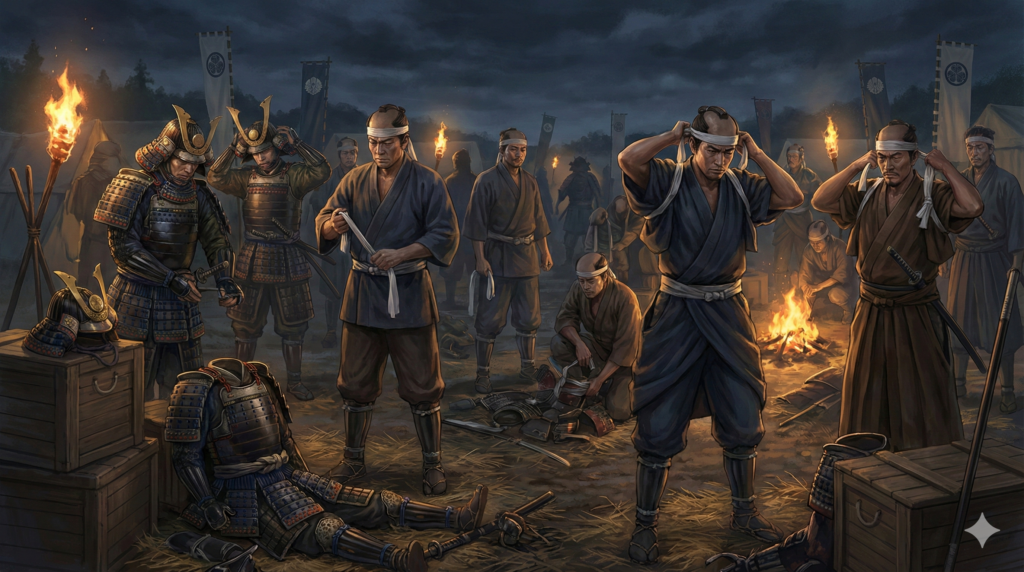 鎧を脱げ（身軽になれ）

首は取るな（殺すことだけに集中しろ）

指物（旗）は外せ（味方の目印は白い布だけ）