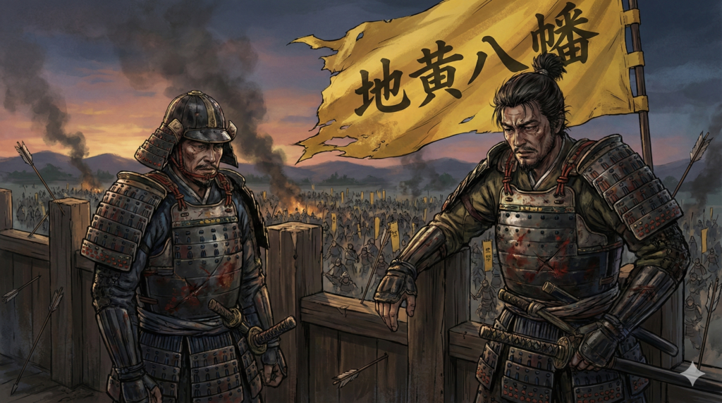 半年以上も籠城を耐え抜いた義理の弟、北条綱成キャッチフレーズである「地黄八幡（じきはちまん）」